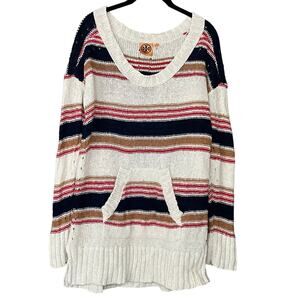 Tory Burch Striped Linen Blend V-Neck Tunic Sweater Size Medium
